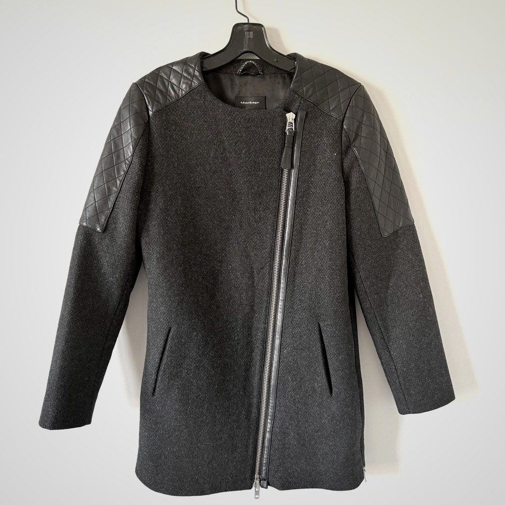 Mackage‎ Wool Cashmere Coat Quilted Leather Shoulder Asymmetrical Zip Grey Small